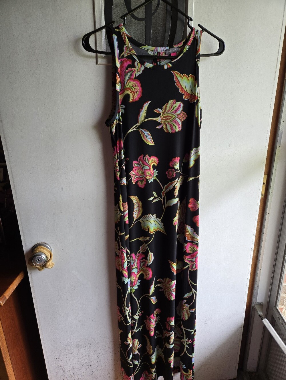 Vince Camuto Black Floral Sleeveless Maxi Dress with Pink & Green Print